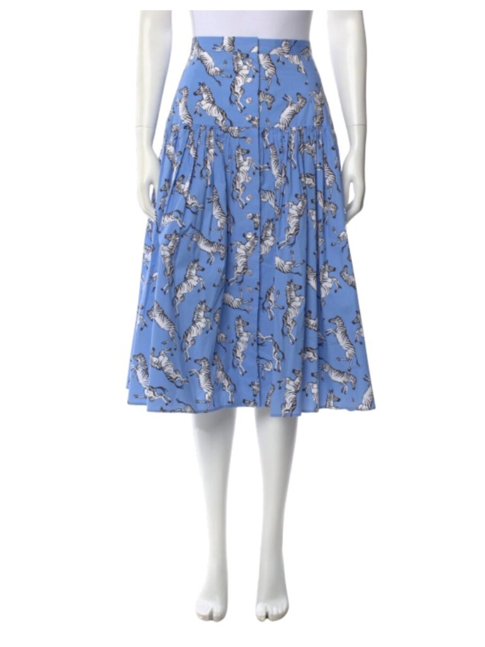 Carolina Herrera Zebra Print Midi Skirt Womens 4 Blue High Rise Waist Cotton